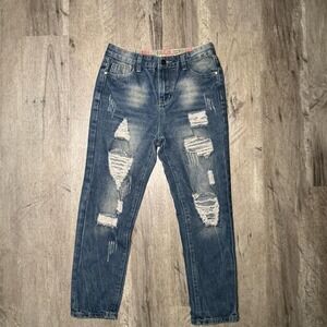 Distressed blue jeans with red and white lining, Size: 12 years